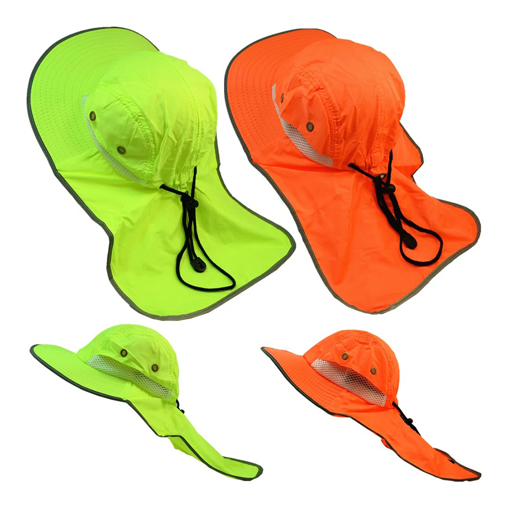 1 High Visibility Reflective Neon Work Safety Bucket Sun Hat Cap with Neck Flap - Image 1