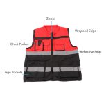 Safety Reflective Work Vest Red Black Blocking Zipper Front Safety Vest Part